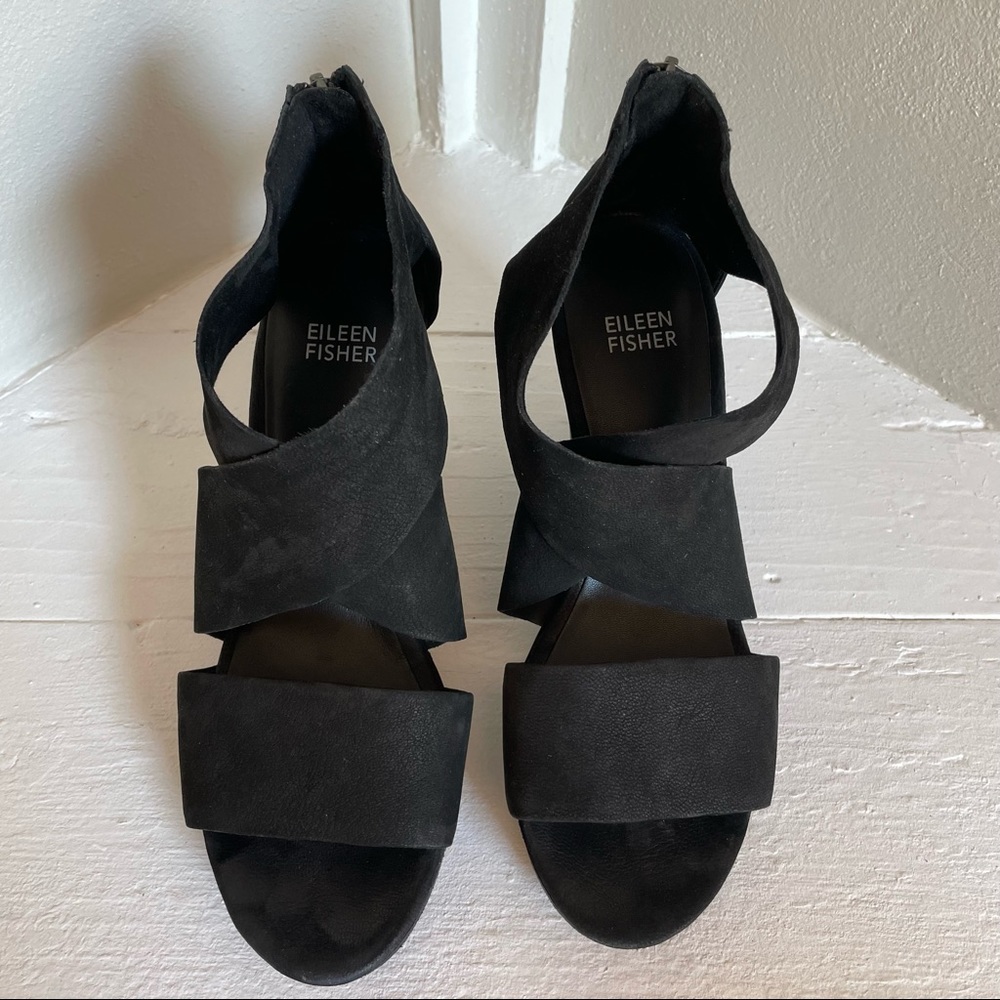 Eileen Fisher “Ellis” Wedge Platform Crossover Leather Sandals- Black sz 7.5
